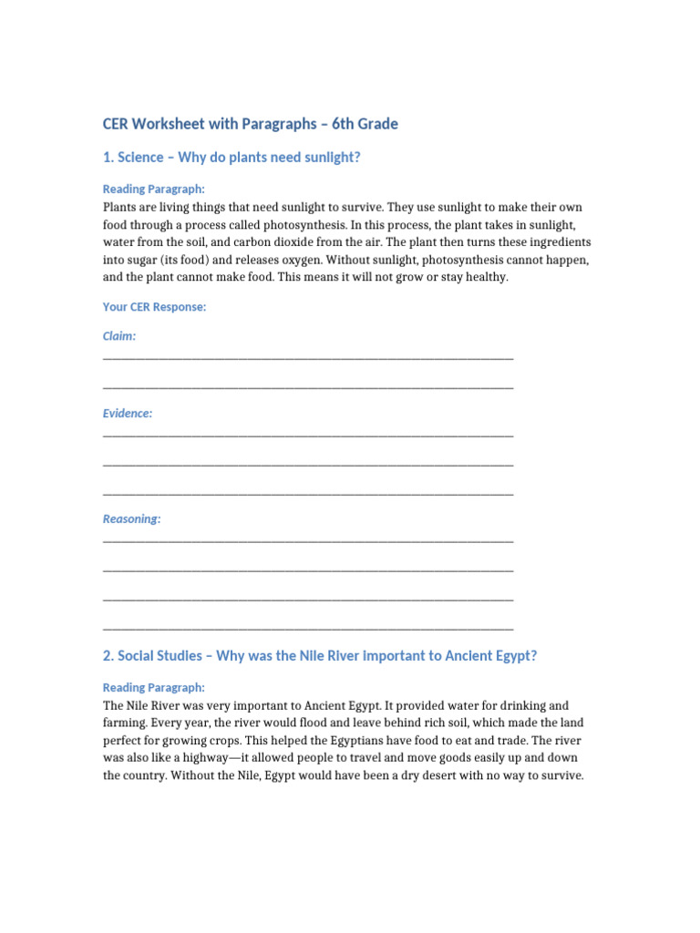 6th Grade CER Worksheet | PDF | Plants | Ancient Egypt