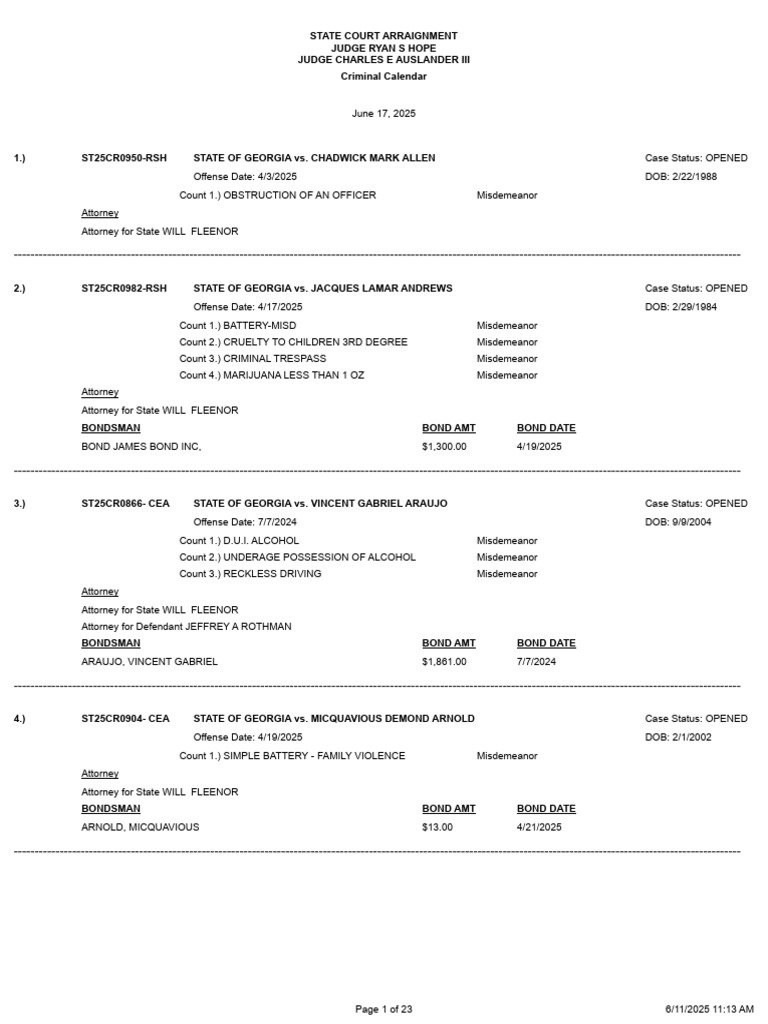 06-17-25 State Court Arraignments 1 | PDF | Misdemeanor | Criminology