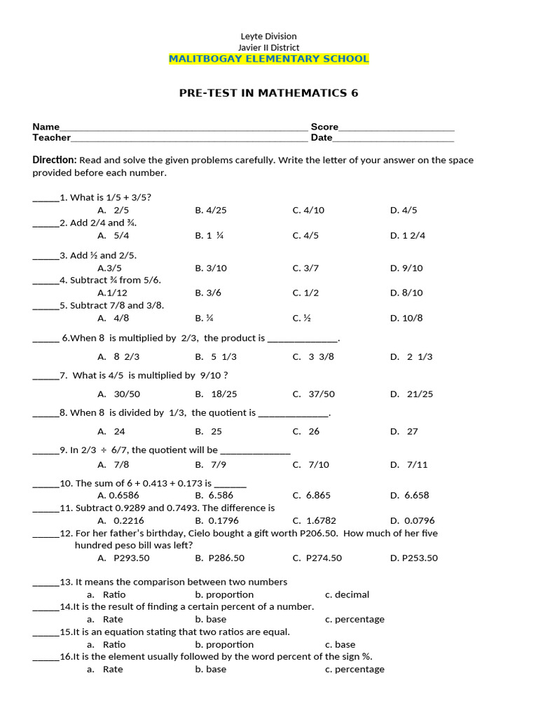 Math Pre-Test for Grade 6 Students | PDF | Triangle | Volume