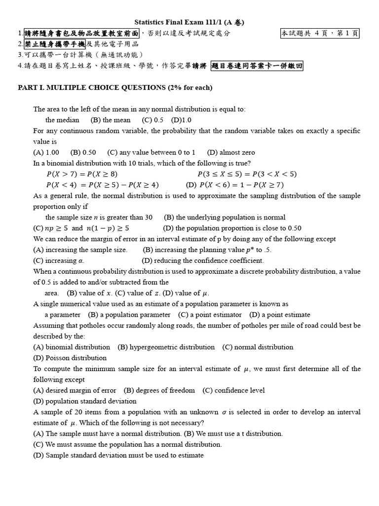Statistics Final Exam Questions and Guidelines | PDF | Probability ...