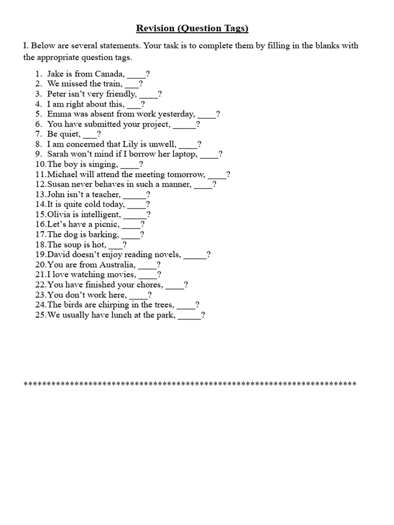 Revision Worksheet (Question Tags) | PDF