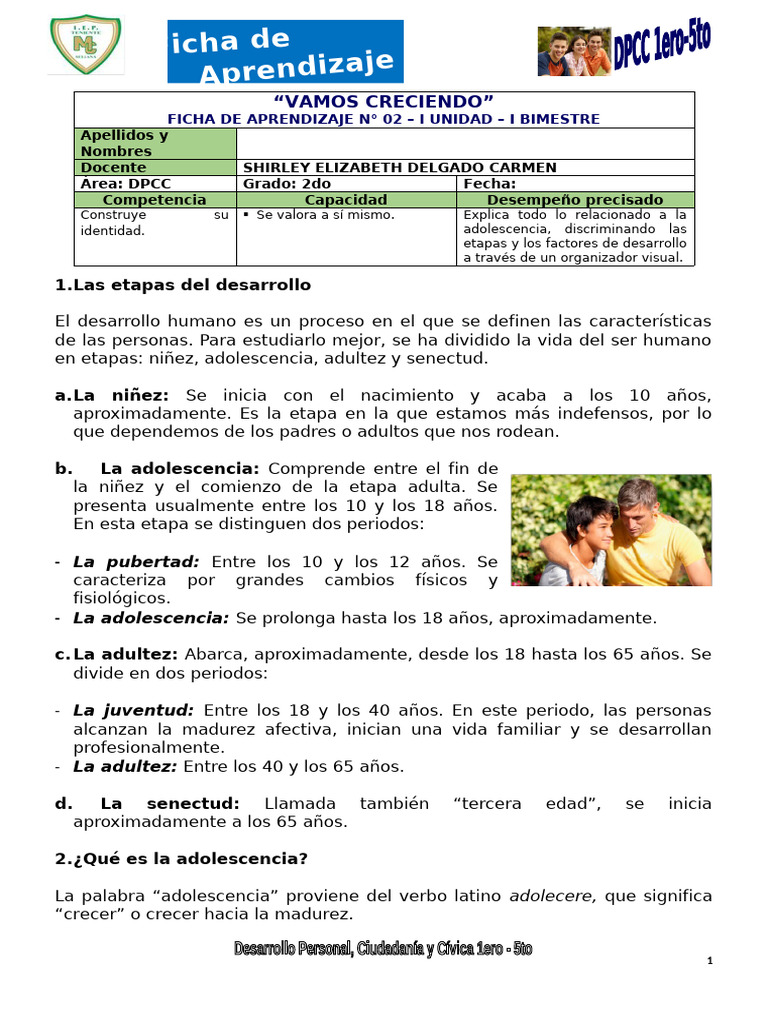 Ficha de Aprendizaje #02 - DPCC - Vamos Creciendo - I Bimestre | PDF ...