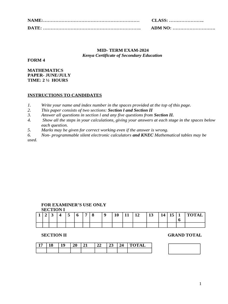 Math f4 Qns Mid t2 Teacher - Co .Ke | PDF | Mathematical Physics | Geometry