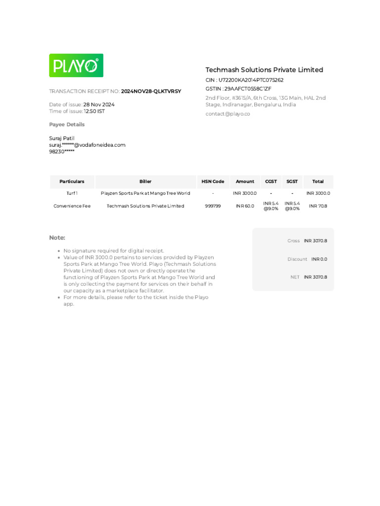 Digital Transaction Receipt for Playzen Services | PDF