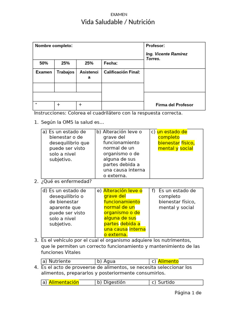 Examen Vida Saludable Secundaria Respuestas | PDF | Nutrientes ...