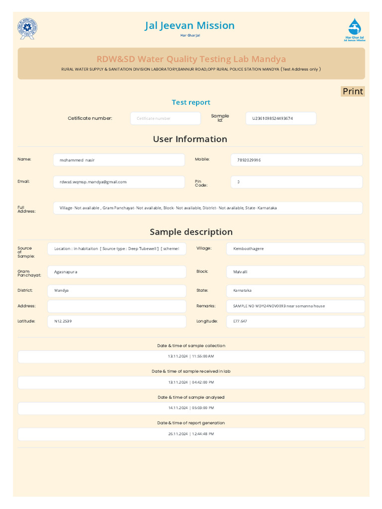 Annahalli Village Water Test Report | PDF | Magnesium | Sodium