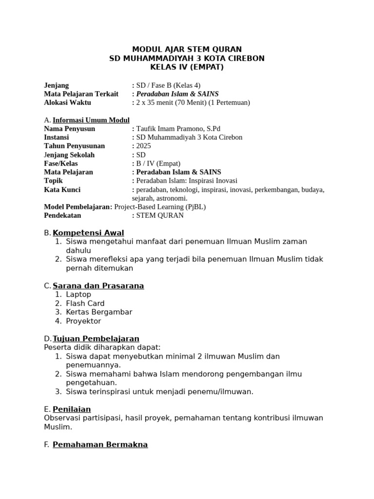 Modul Ajar STEM Quran Kelas 4 SD | PDF