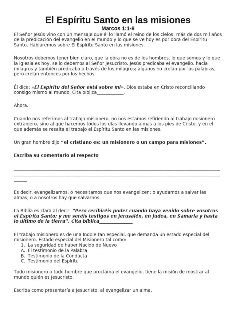 El Espíritu Santo en el Evangelismo Misionero | PDF | Cristo (título ...