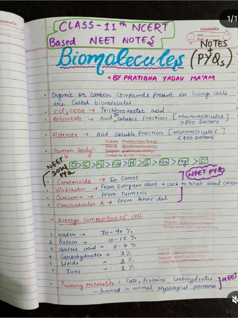 NEET Biology Notes for Class 11 | PDF | Glucose | Enzyme