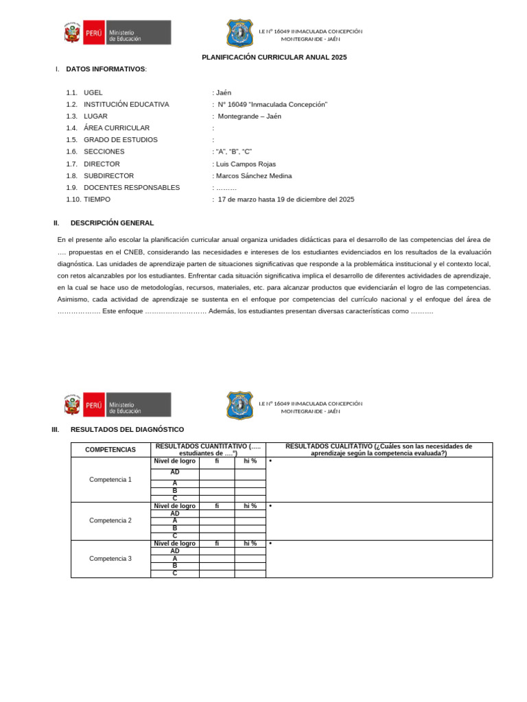 Planificación Curricular 2025 I.E. 16049 | PDF | Evaluación | Plan de ...