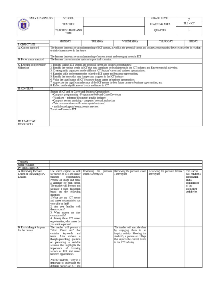 DLL in Tle Ict 7 q1 Week 1 | PDF | Educational Technology | Teachers