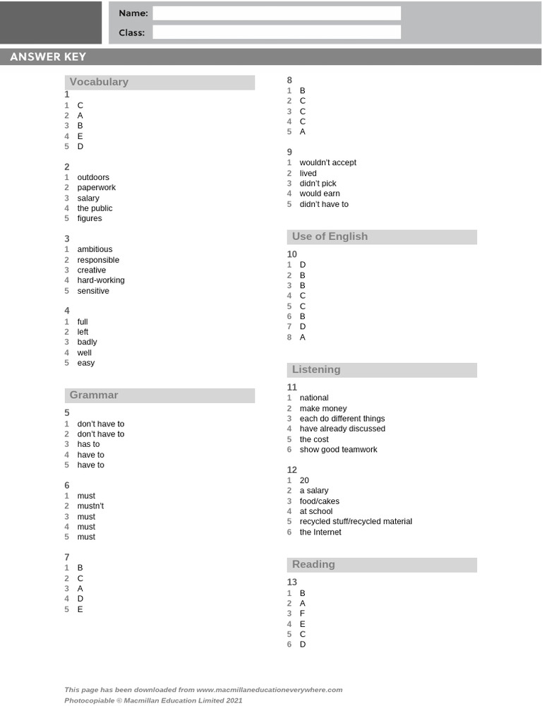 B1 U7 Test Standard Answer Key | PDF
