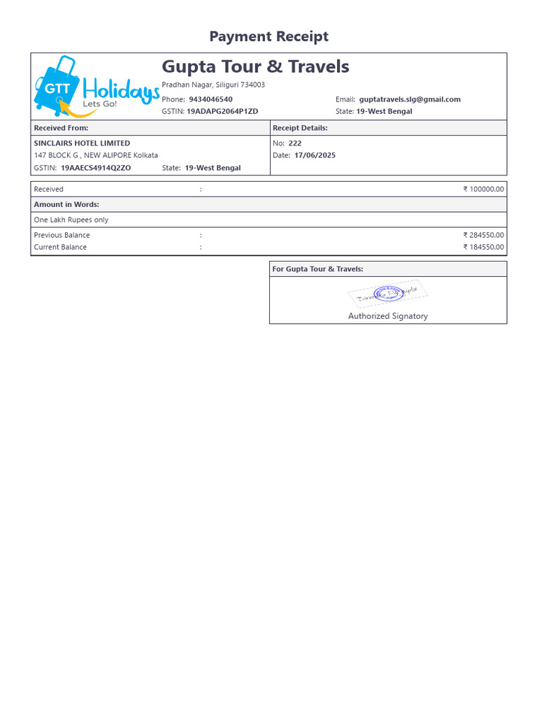 Payment Receipt for Gupta Tour & Travels | PDF