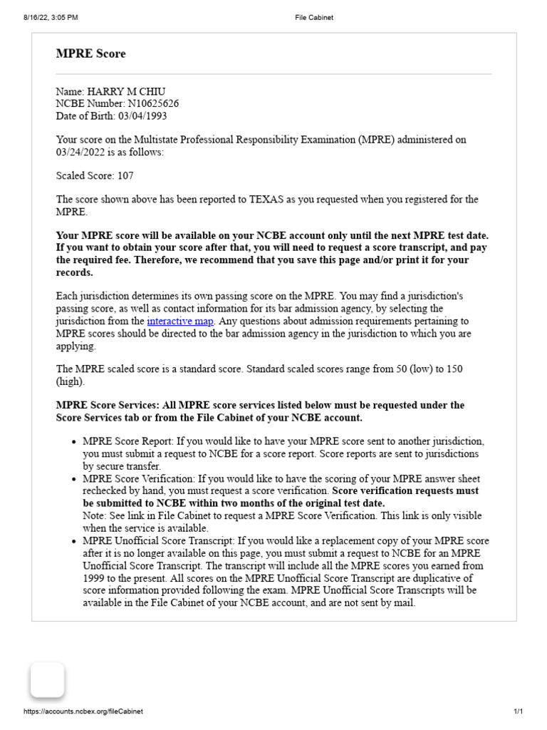 MPRE Score Details for Texas | PDF | Standardized Tests | Professional ...