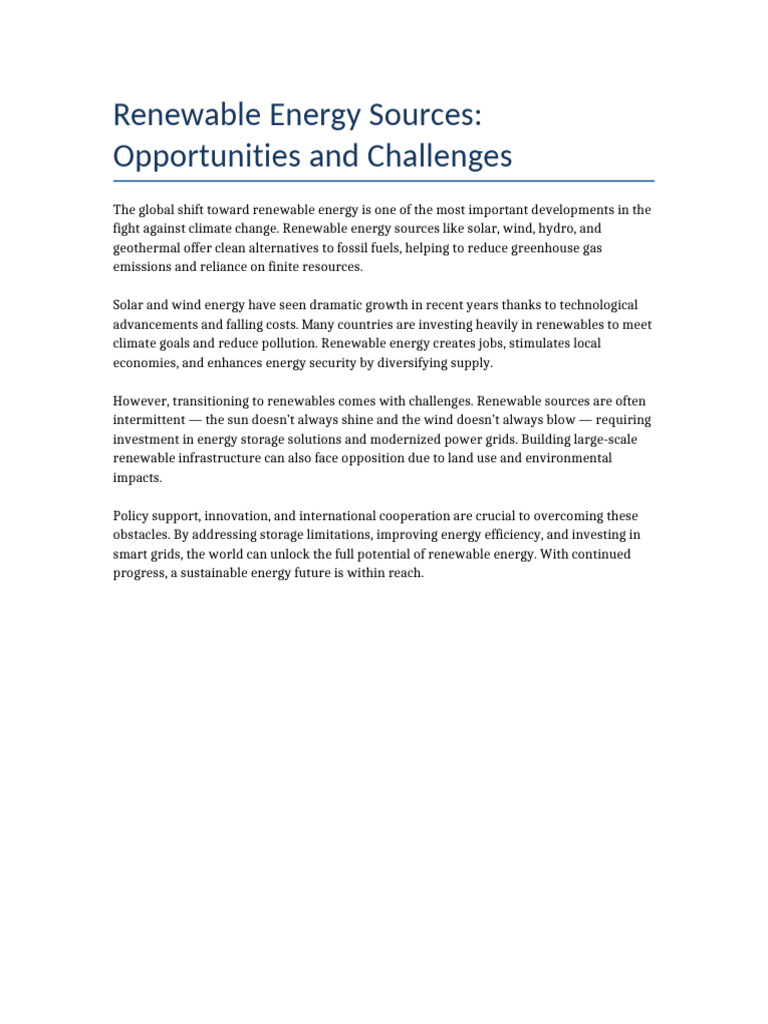 Renewable Energy Sources Opportunities and Challenges | PDF