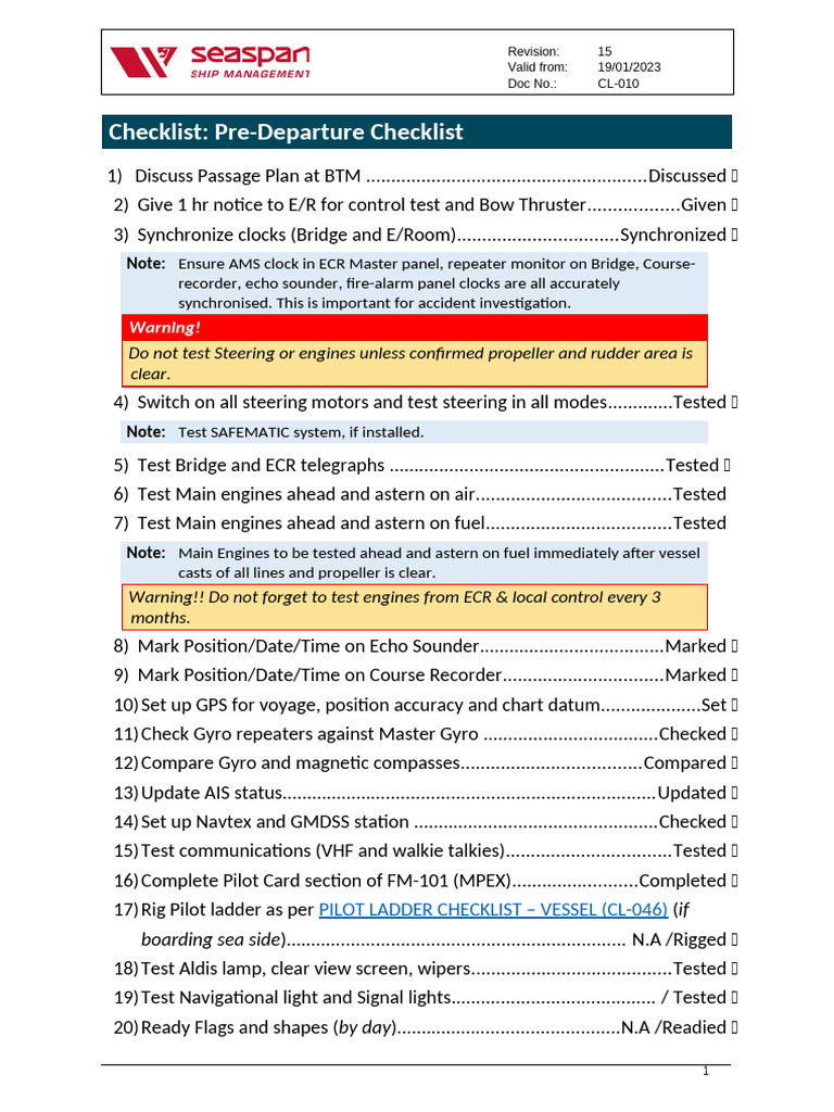 Pre-Departure Checklist for Vessels | PDF | Watercraft | Water Transport