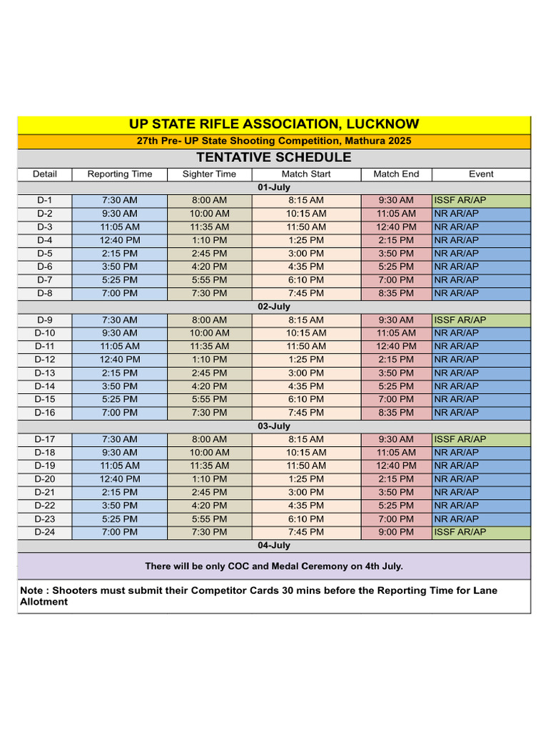Tentative Schedule (27th PRE UP STATE, MATHURA) | PDF