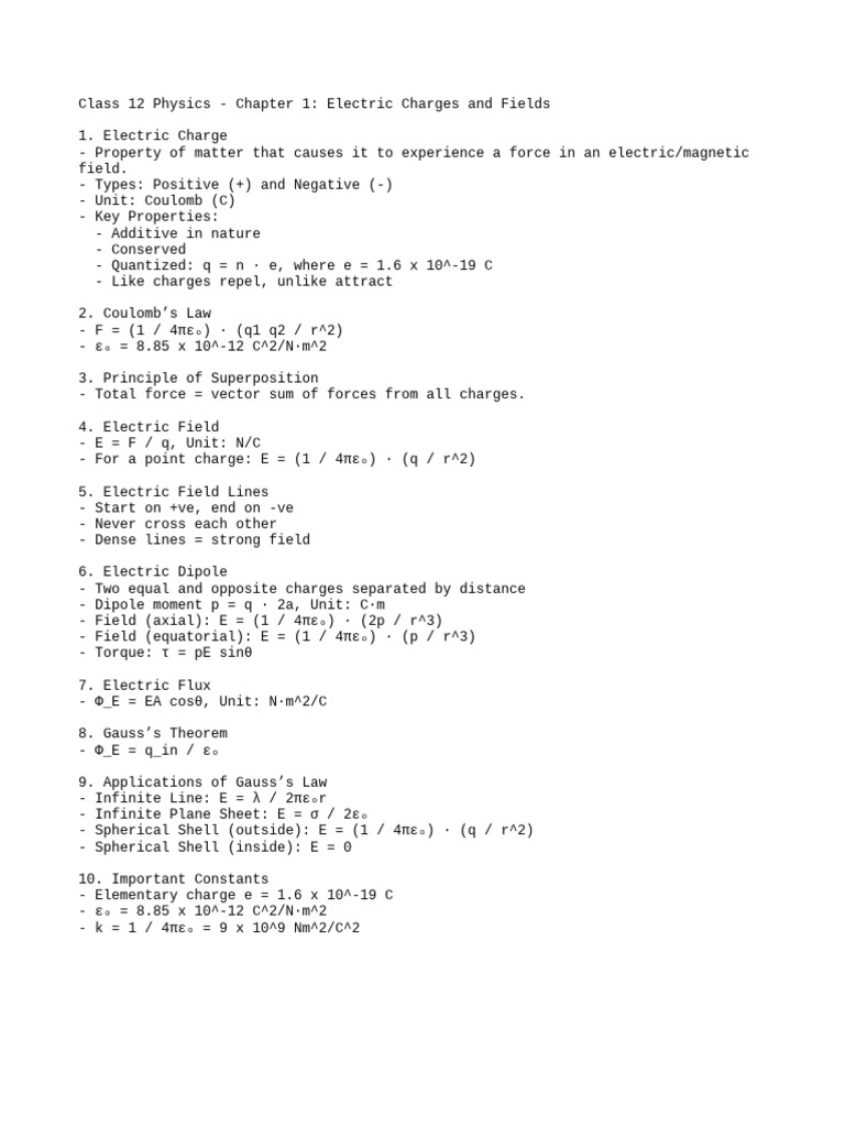 Electric Charges and Fields Notes Class12 | PDF