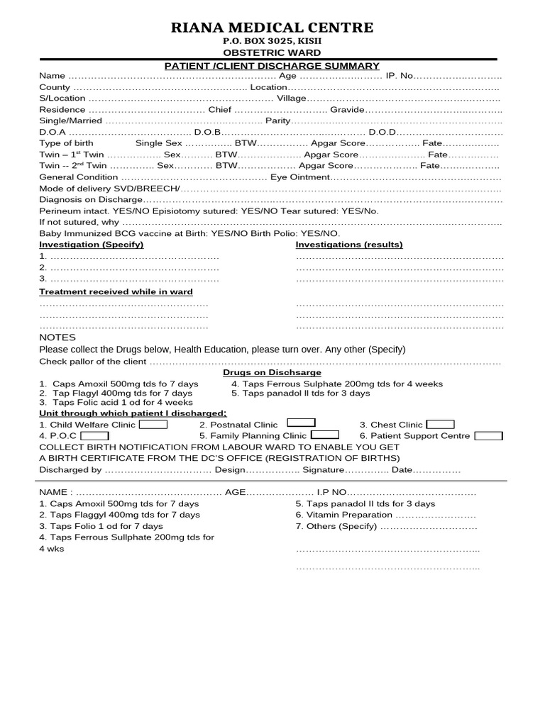 Riana Medical Centre - Patient Client Discharge Summary | PDF | Health ...