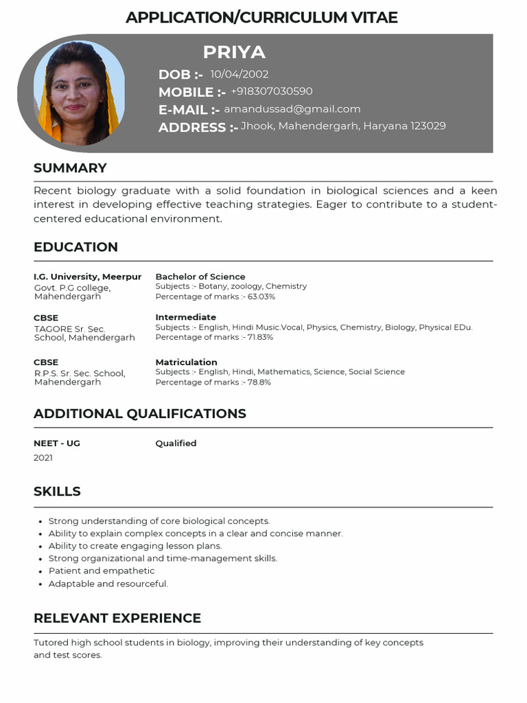 Priya Choudhary: Biology Educator Profile | PDF