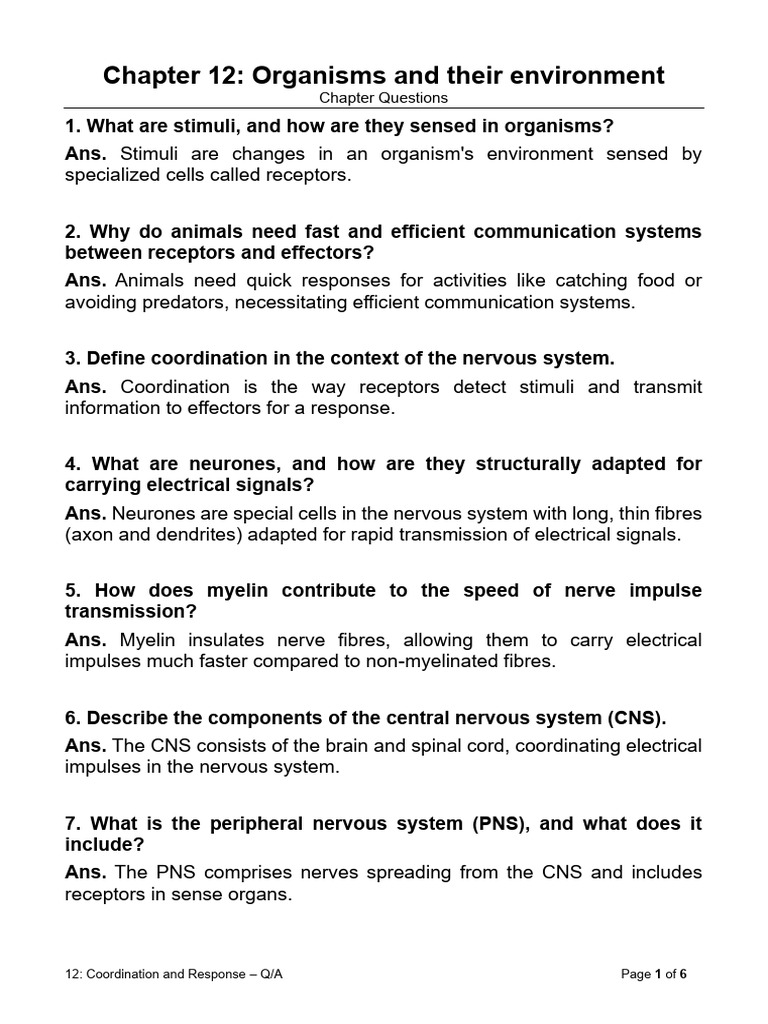 Coordination and Response in Organisms | PDF | Nervous System | Neuron