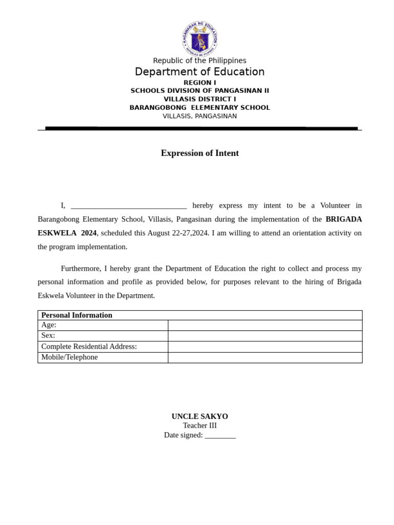 Expression of Intent (BRIGADA ESKWELA) | PDF