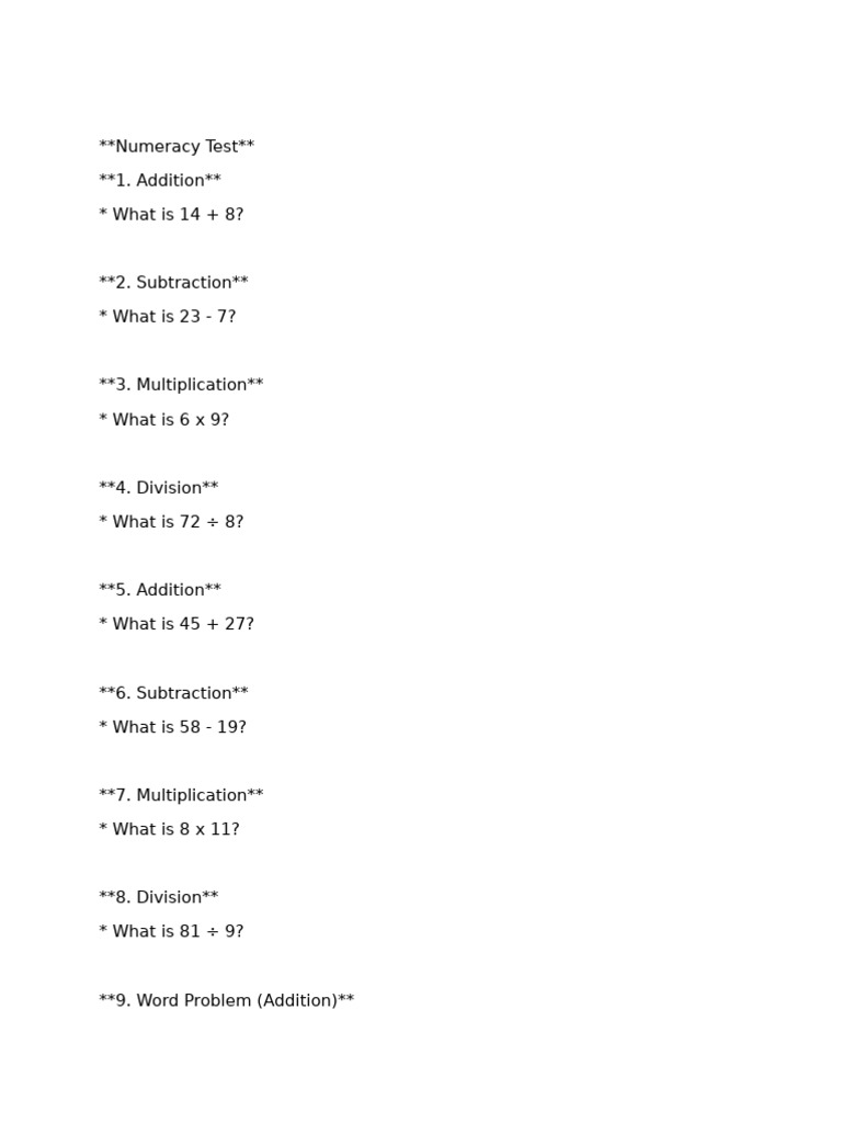 Numeracy Test: Basic Math Questions | PDF