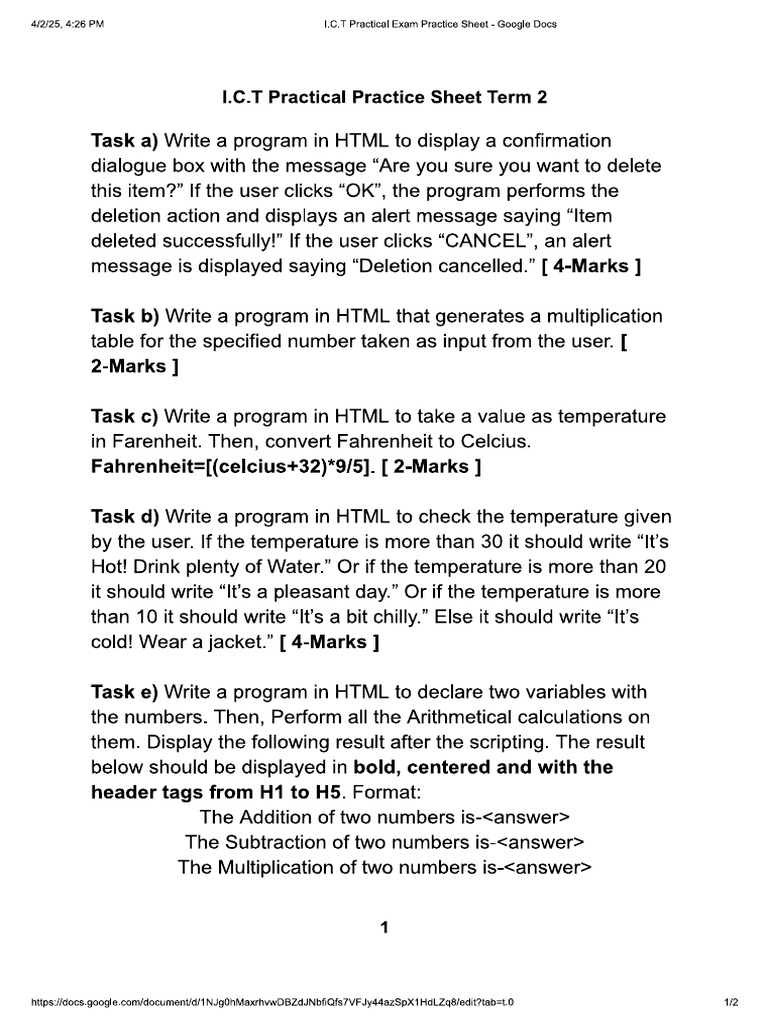 I.C.T Practical Exam Practice Sheet | PDF