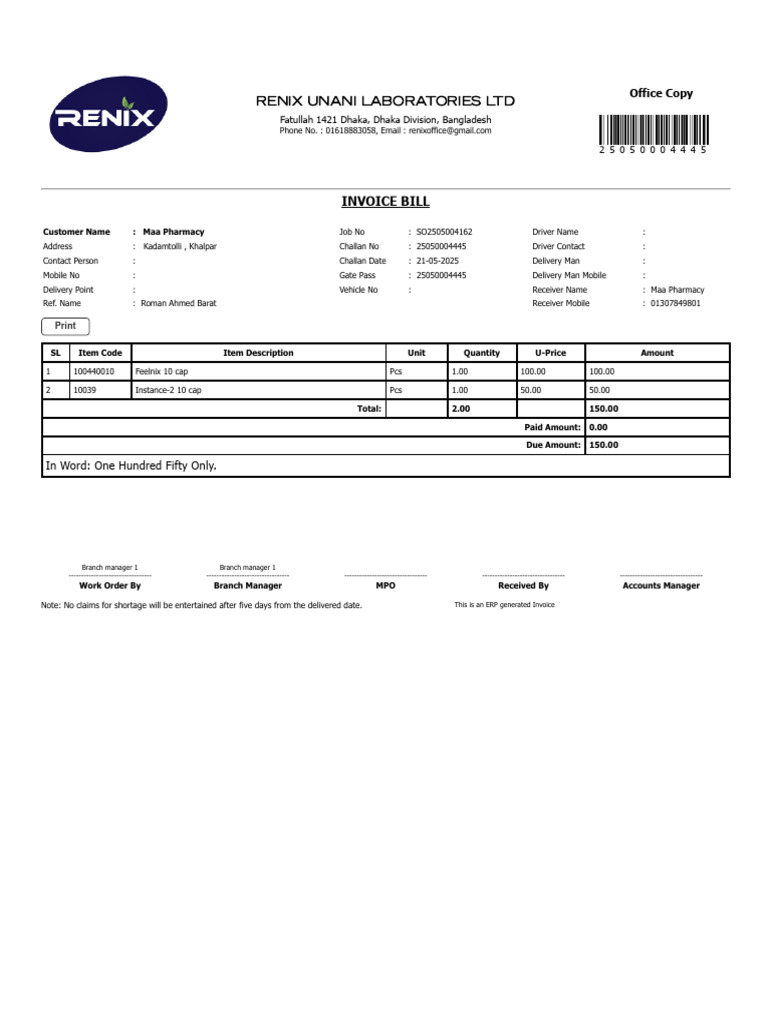 Renix Unani Laboratories LTD: Invoice Bill | PDF | Invoice ...