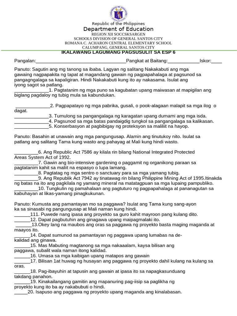 Esp 6 Summative Test 2 4th | PDF