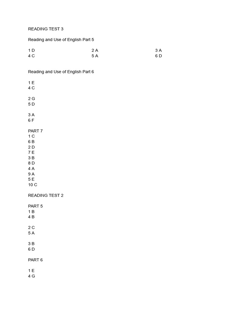 Reading Test Answers Summary | PDF