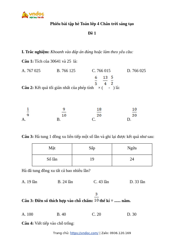 Phieu Bai Tap He Toan Lop 4 CTST de 1 | PDF