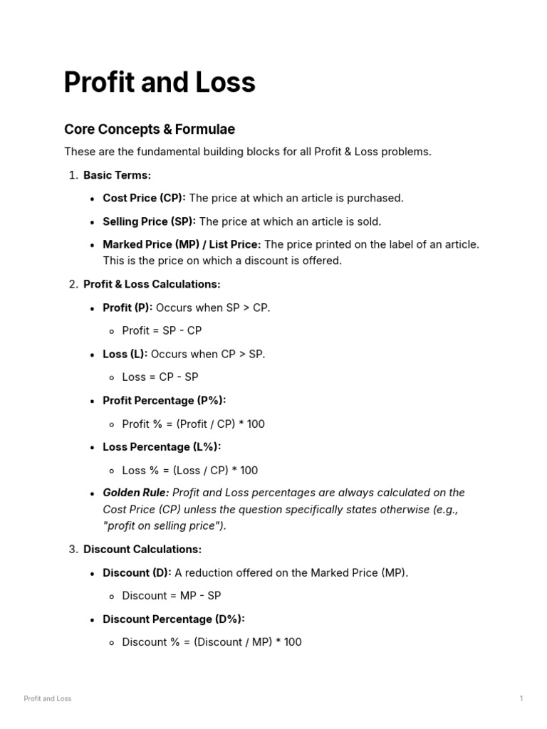 Profit and Loss: Key Formulas & Relations | PDF | Prices | Odds