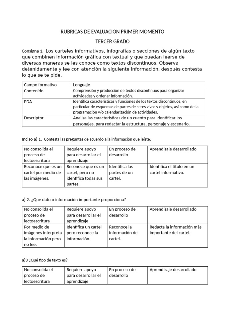 Rúbricas de Evaluación para Tercer Grado | PDF | Aprendizaje | Información
