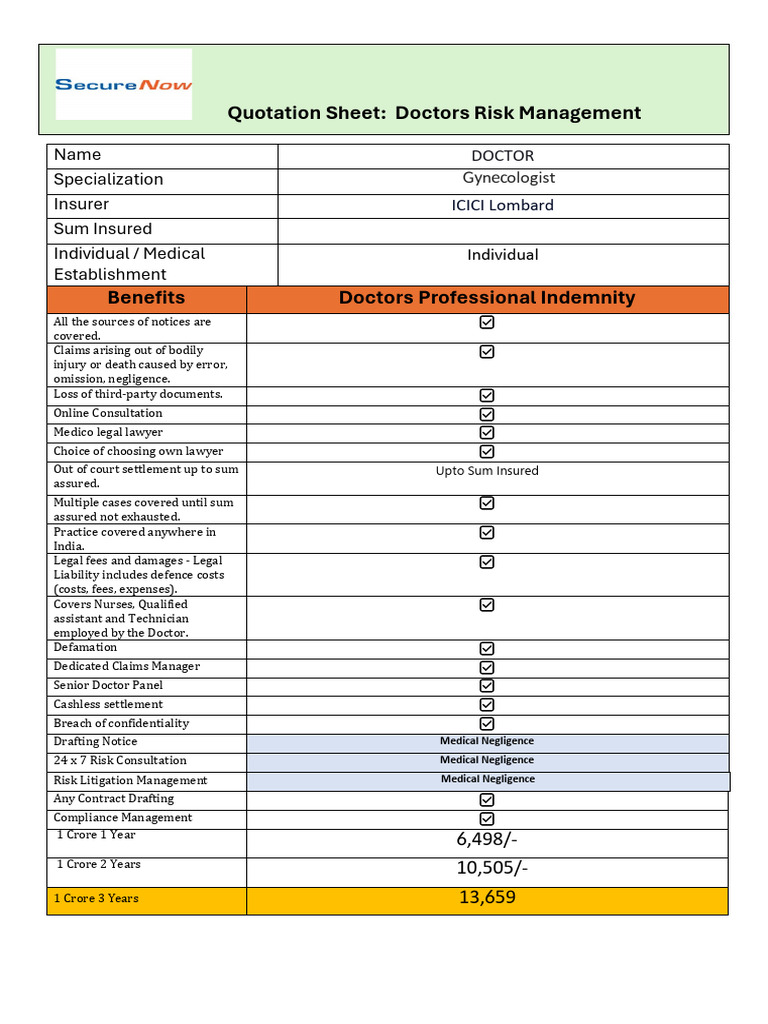 Doctors Risk Management Quotation Sheet | PDF | Liability Insurance ...