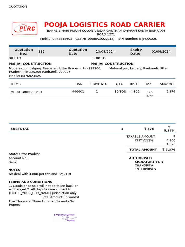 Pooja Logistics Quotation for Jai Construction | PDF | Taxation | Trade