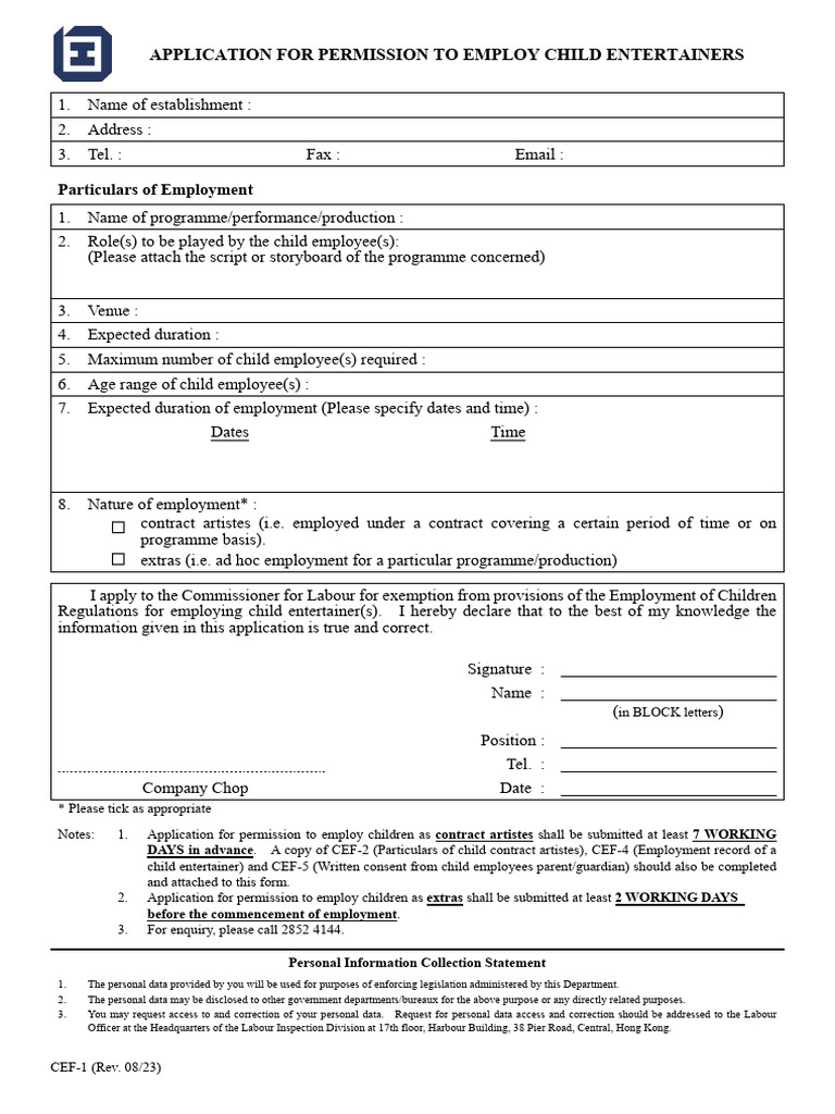 CEF-1 僱用兒童藝員申請表 | PDF