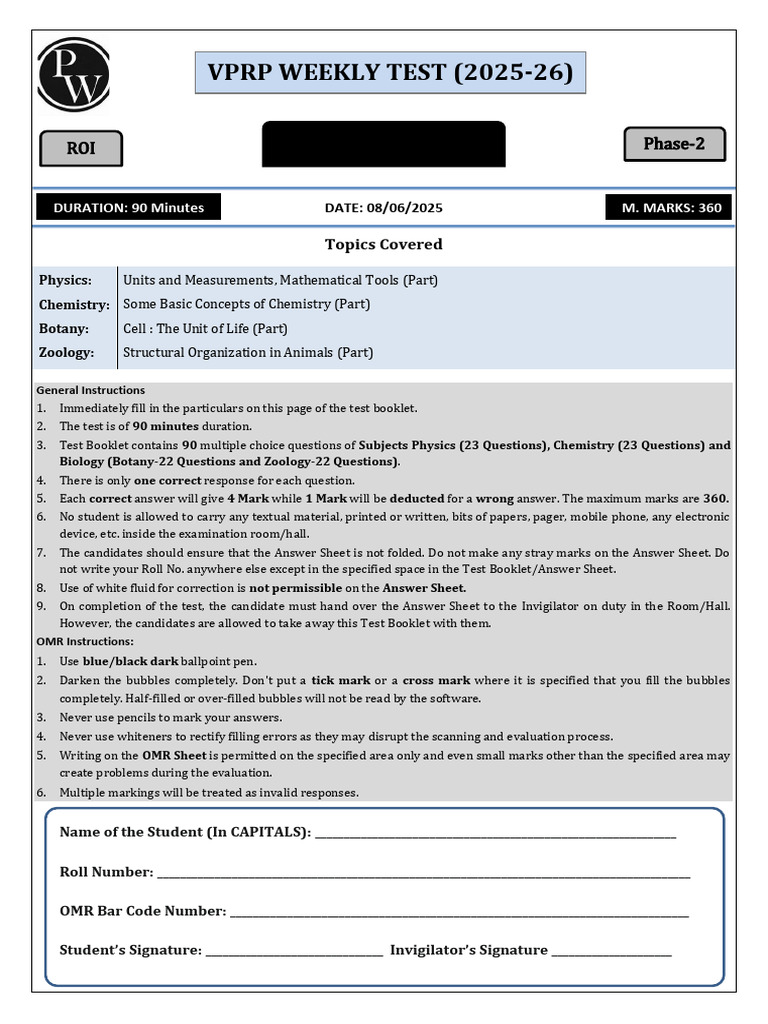 VPRP Test-02 01-Jun-2025 WEEKLY ROI Dropper Ph-2 Code 199 Questions ...