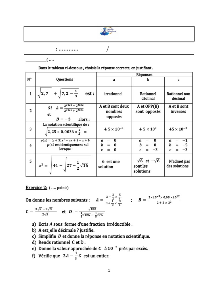 Examen de Maths EB9 - Année 2024/2025 | PDF | Nombre réel | Nombre ...