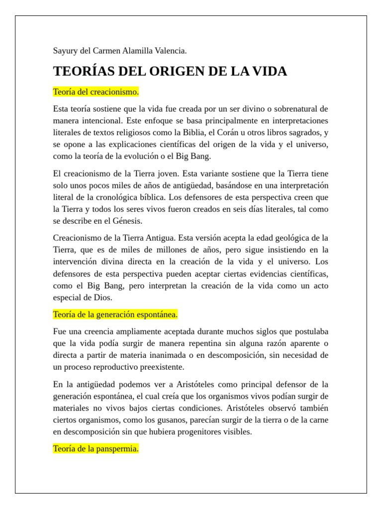 Teorías sobre el origen de la vida | PDF | Vida | Ciencias fisicas