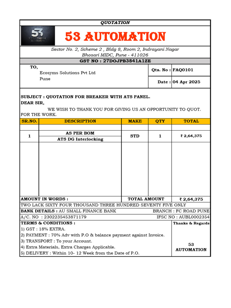 Quotation for ATS DG Interlocking | PDF