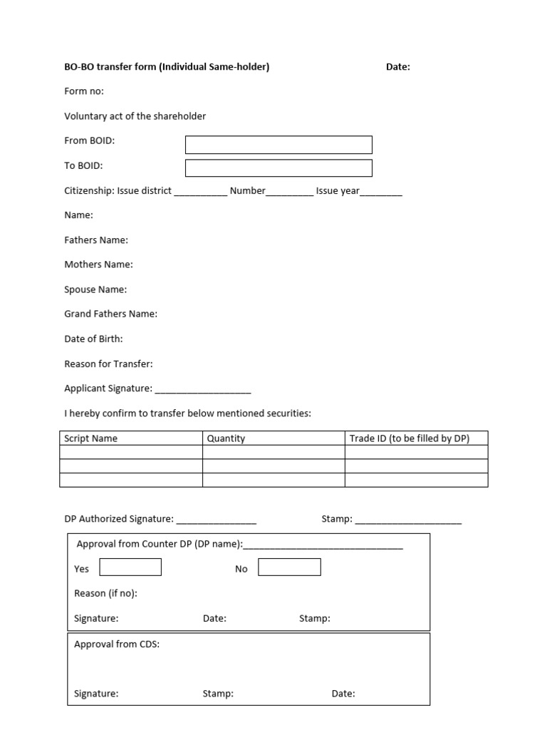 BO-BO Transfer Form for Shareholders | PDF