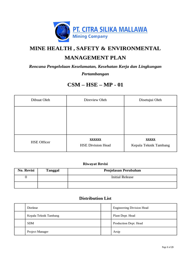 Hse Management Plan PT CSM | PDF