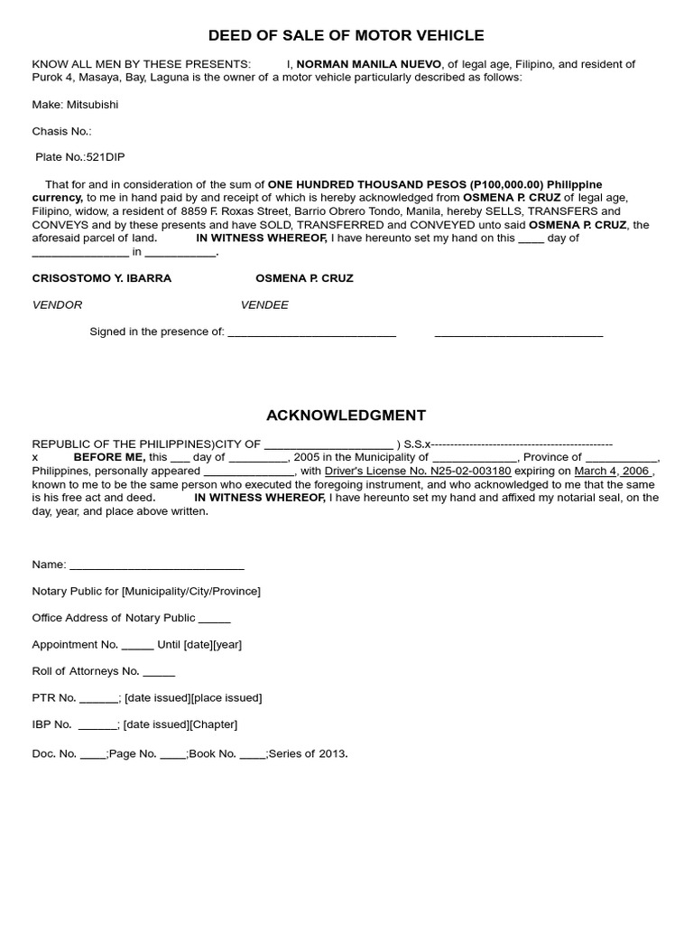 Deed of Sale of Motor Vehicle - Doc - 20250630 - 172730 - 0000 | PDF ...