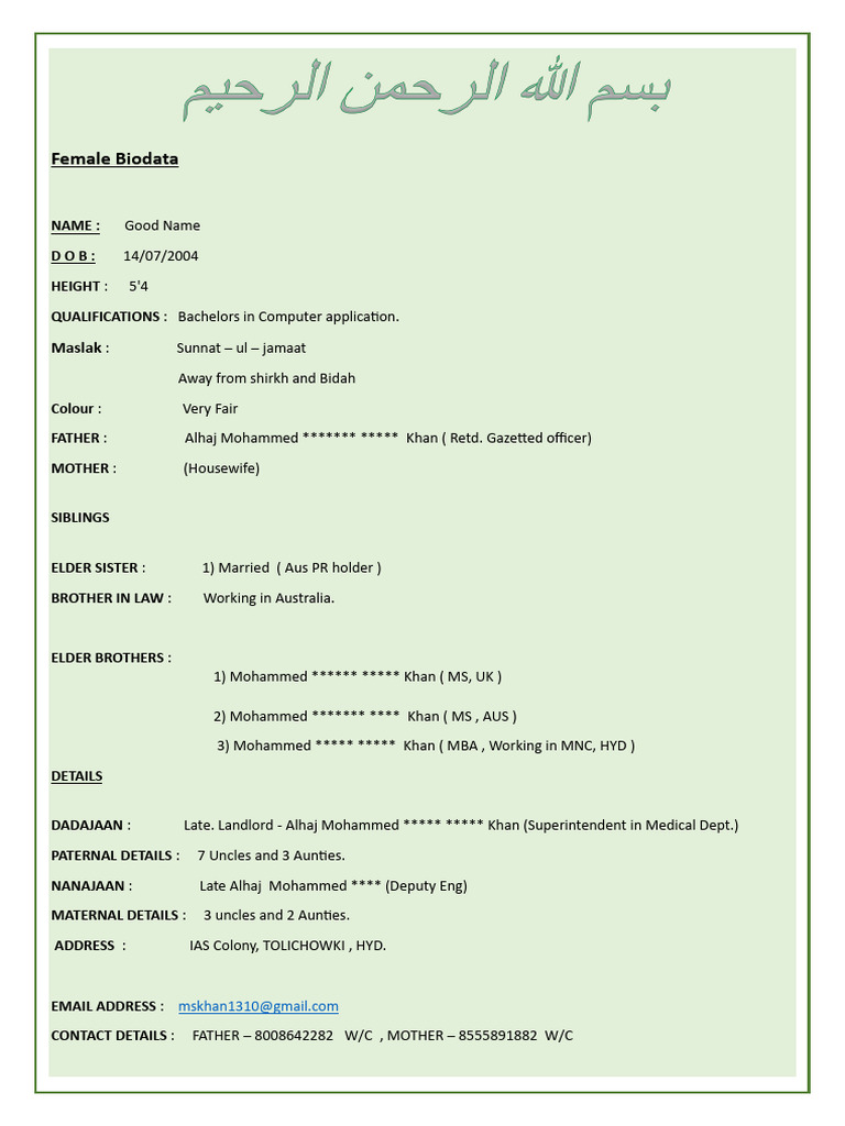 Nida Rehman's Biodata Profile | PDF