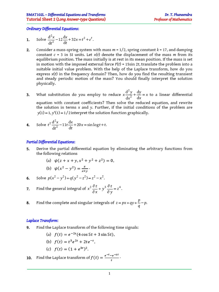 Differential Equations Tutorial Sheet 2 | PDF | Fourier Series ...