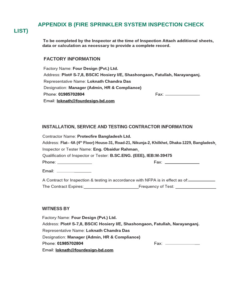 Fire Sprinkler System Inspection Checklist | PDF | Fire Sprinkler ...