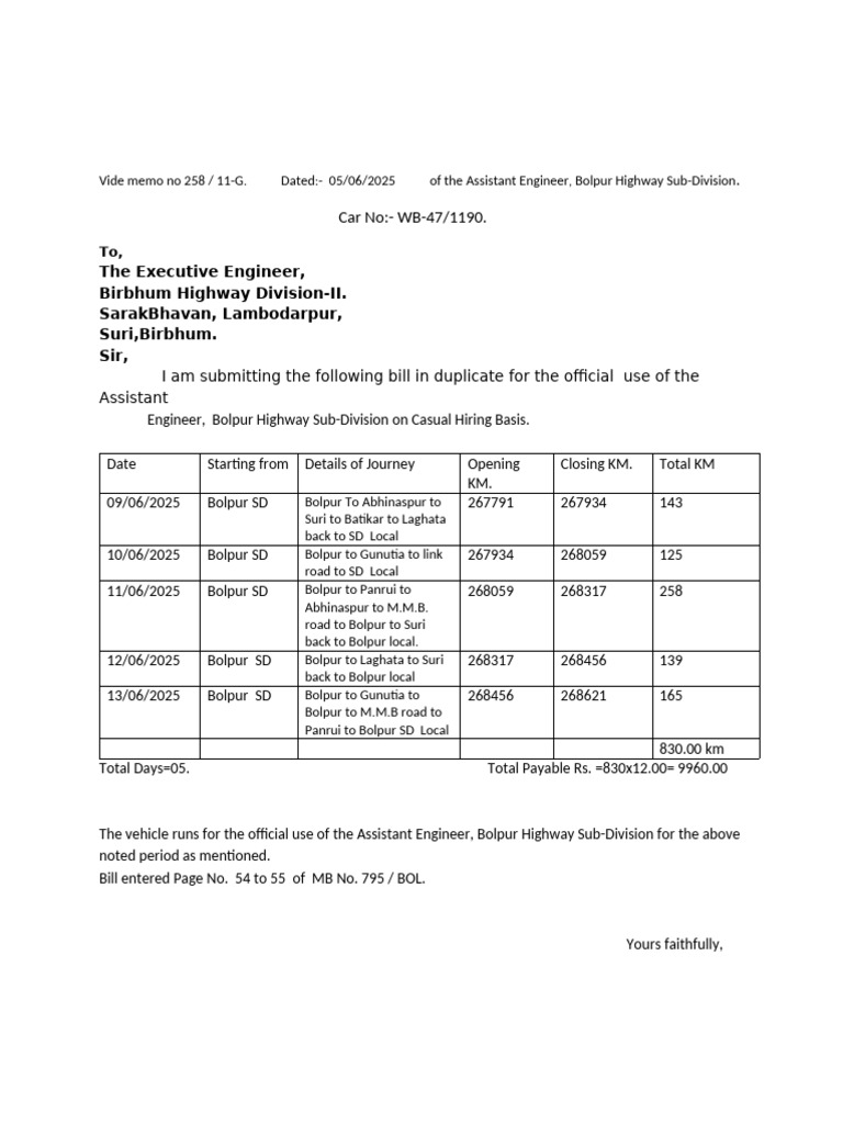 Bolpur Highway Sub-Division Vehicle Bill | PDF