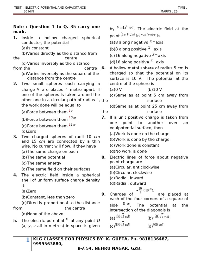 MCQ Test on Electric Potential & Capacitance | PDF | Capacitor ...