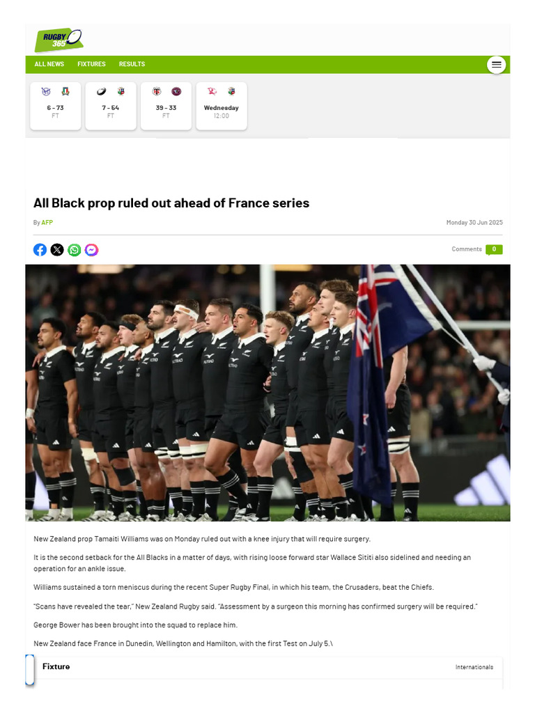 All Black Prop Ruled Out Ahead of France Series - New Zealand ...
